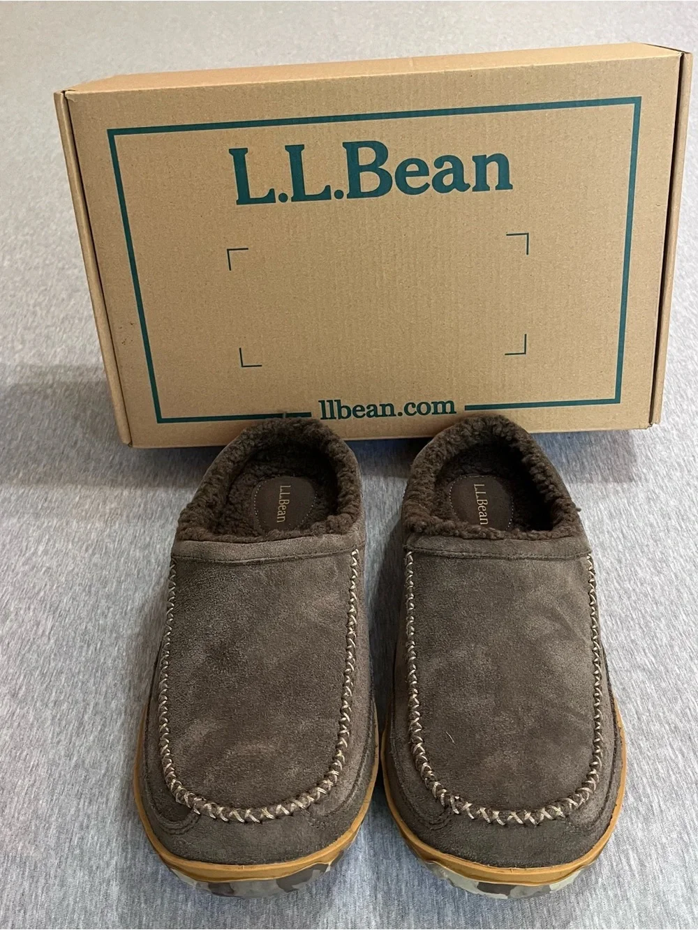 L.L.Bean Men’s Wicked Good Moccasin Slippers Brown Suede Sherpa Lined Size 12 M - Picture 1 of 5